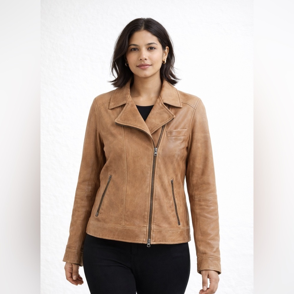 Reiss Tan Sheep Leather Lined Zip Up Soft Moto Jacket Size Small